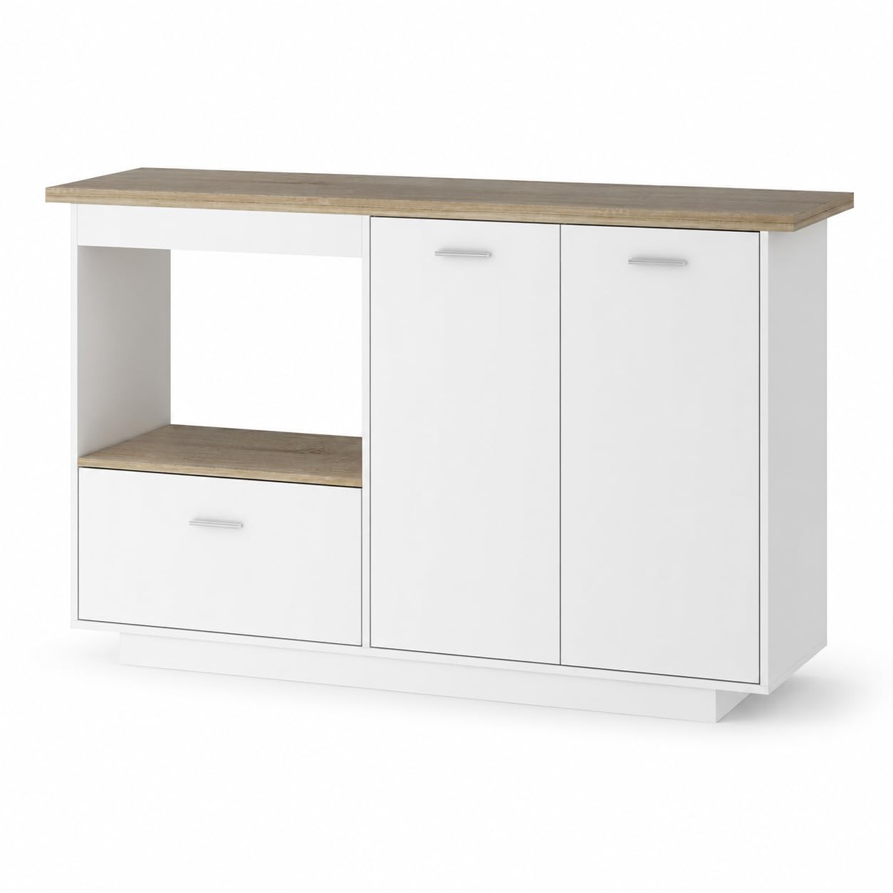 Isla de Cocina Blanca 150cm con Encimera – Buffet de Cocina con Barra de Desayuno, Cajón, 2 Puertas & Vinoteca Abierta – Mueble Buffet para Cocina & Comedor, 150×91×80cm