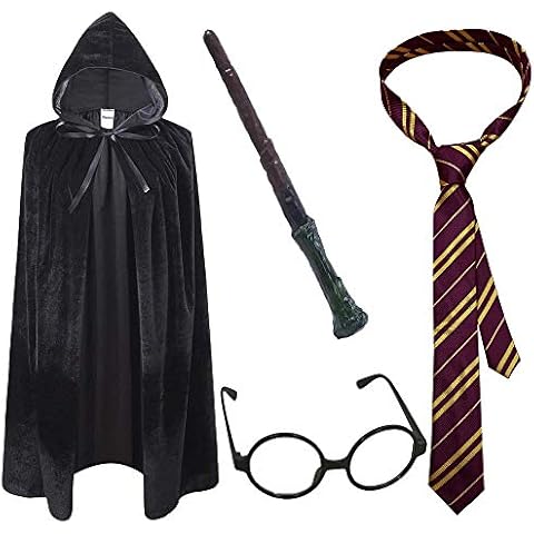VIROSA 4PC Wizard Cape School Boy Fancy Dress Costume Accessory | Includes Tie, Glasses, Wizard Wand, Black Cape| Ideal for Wand Set Magician Outfit World Book Day, Book Week Cover