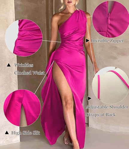 Image of Women's Sexy One Shoulder Lrregular Dress Split Cocktail Party Maxi Dresses Satin Dress for Women