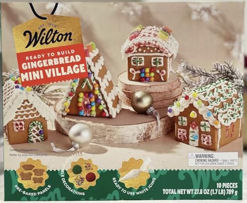 Wilton Mini Village Gingerbread Decorating Kit, 13 Pieces, 28OZ Gingerbread, 4 Houses
