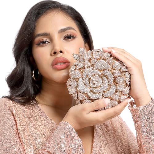 Image of Boutique De FGG Mini Round Flower Crystal Clutch Purses for Women,Formal Evening Bags,Rose Wedding Clutch Bag Party Handbags