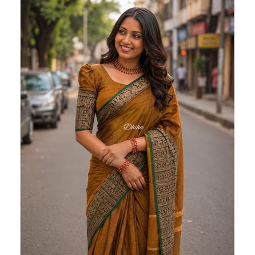 Image of Narayanpet Pure Cotton Avani Border Saree for Women with Running Blouse | Tassels | Traditional Woven Solid Design | Handloom Weave