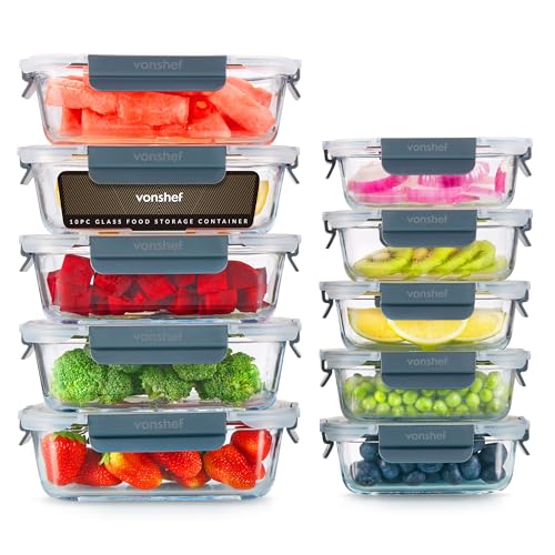 VonShef Contenedores de vidrio tapas – set de 10 cajas para meal prep de 1 L y 370 ml, aptos para horno y lavavajillas, cierre hermético a prueba de fugas, ideal para batch cooking