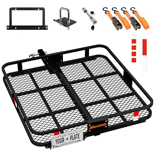 Image of Mockins 40 inchx40 inchx6 inch Extra Deep Square Trailer Hitch Cargo Carrier w /Plate Bracket | 500 Lbs Cap Heavy-Duty Cargo Hitch Carrier for Generators, Appliances, Coolers | Luggage Rack for SUV, Car & Truck