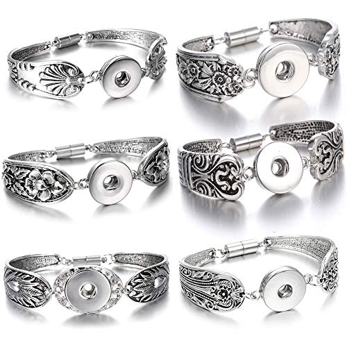 6pcs Flowers Carved Vintage Magnetic Snap Bracelet Bangle for 18mm Snap Button Jewelry （11）