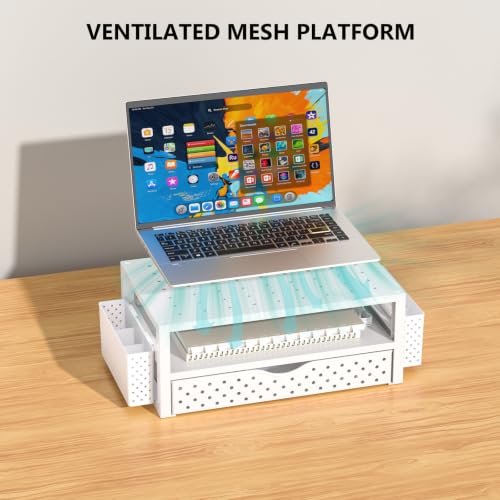 Image of WALI Desk Organizer with Drawer and Pen Holder, 3 Tier Computer Monitor Stand for Home Office Supplies, Laptop Stand Riser for Computer, Laptop, Printer(PTT004-W), 1 Pack, White