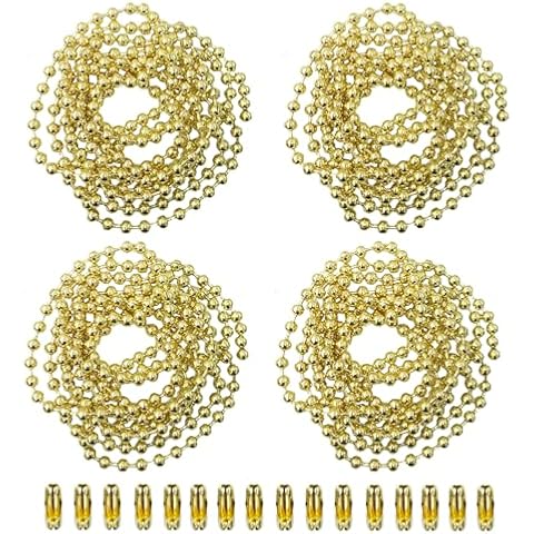 4 Pack Ceiling Fan Pull Chain Extender,Each Chain Length 39-inch(1 Meter) with 16 Connectors,Standard 3 mm Diameter Beaded Ball, Fit for Ceiling Fans and Light Fixtures Factory Pull,Golden Cover