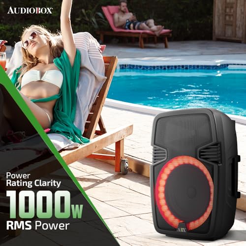 Audiobox ABX-160R 15-Inch Portable Bluetooth PA Speaker System with Karaoke Wired Microphone, Multi-Color Party Lights & Powerful Sound - Ideal for Parties, Public Announcements & Sing-Alongs
