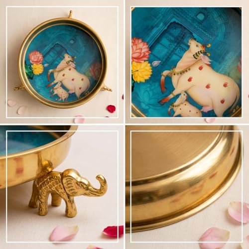 Image of Pichwai Art Kamadhenu Urli Bowl with Elephant Base | 10-Inch Decorative Metal Urli for Floating Flowers, Diya & Candle | Brass Finish Home Decor for Diwali, Pooja, & Table Centerpiece