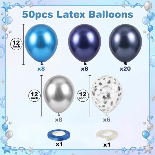 Image of Blue Silver Balloons Set, 50Pcs 12Inch Dark Navy Metallic Blue Silver Star Confetti Party Latex Balloon for Birthday Graduation Baby Shower Wedding Retirement Anniversary Fathers Day Party Decorations