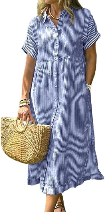 utcoco Button Down Shirt Dress for Women 2025 Summer Oversized Short Sleeve Stripes Vacation Midi Dress