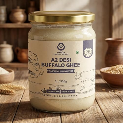 Gyros Organic Farms Buffalo Ghee 1L/Glass Jar/Hand Churned and Danedar Buffalo Ghee/Pure & Natural Nutrient Rich/100+ Lab-Tested Quality