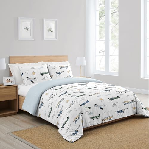 Image of Sweet Jojo Designs Vintage Airplane Boy Queen Comforter Set Full Size Bedding for Kids Teen Adult Bed Room 3pc Grey Green Blue White Yellow Airplanes Air Plane Transportation Clouds Sun Sky Aviator