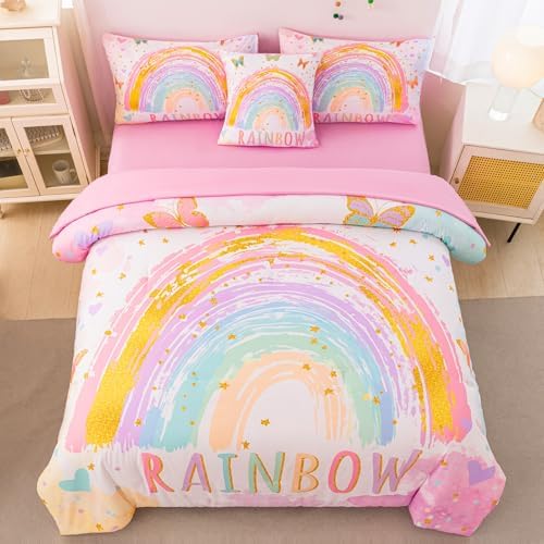 6 Pcs Rainbow Twin Comforter Set for Girls with Sheets, Lightweight Soft Twin Bedding Set for Girls