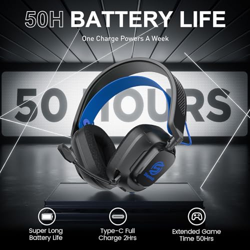 Image of 2.4GHz Wireless Gaming Headset for PC, PS5, PS4, Switch & Mac, Bluetooth Headset with Noise Canceling Microphone, Low-Latency Stereo Audio, 50mm Drivers, Up to 50H Battery, Spectral Blue