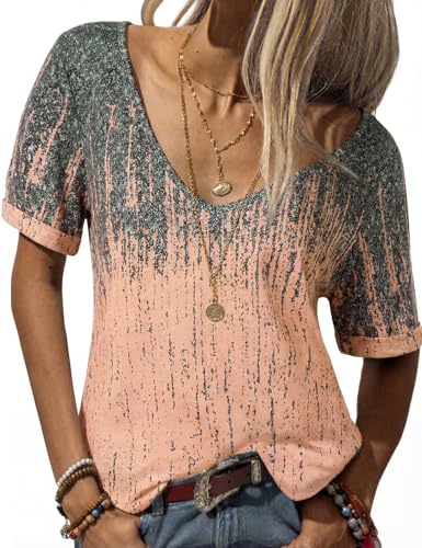 Image of Danedvi Women Deep V-Neck Short Sleeve Tops Solid Casual Loose T Shirt