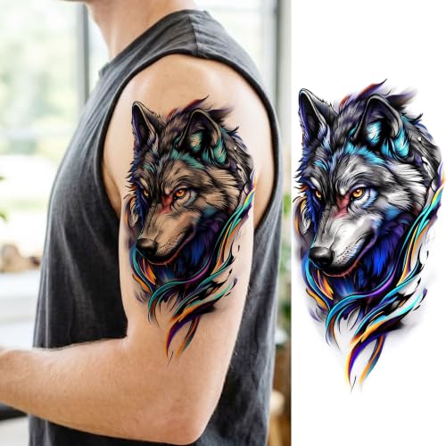 Image of Bilizar 12 Sheets Creative Animals Temporary Tattoos For Men Women Adults Lion Tiger Panther Tattoo Sticker, Realistic Wolf Dragon Spider Fake Tattoos Forearm Half Arm Sleeve Tatoos Waterproof Durable