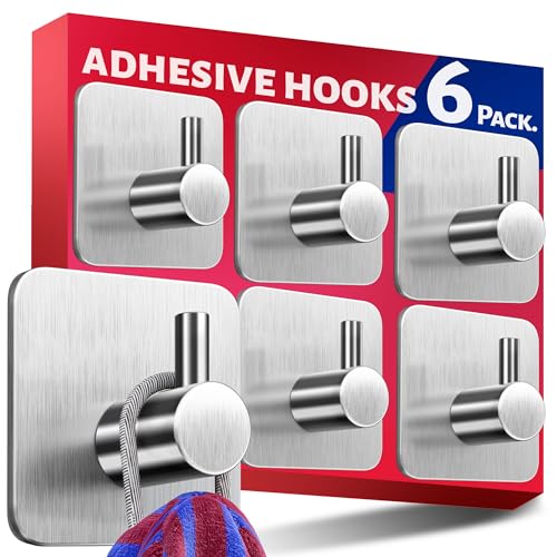 Menz Self Adhesive Hooks, Set of 6 – Stick on Hooks Stainless Steel for Heavy Duty, No Drilling, Strong Sticky for Hanging Towels, Bathrobes and Keys, Tea Towel Holder for Door or on Wall - Cosy Home Interiors Menz Self Adhesive Hooks, Set of 6 – Stick on Hooks Stainless Steel for Heavy Duty, No Drilling, Strong Sticky for Hanging Towels, Bathrobes and Keys, Tea Towel Holder for Door or on Wall