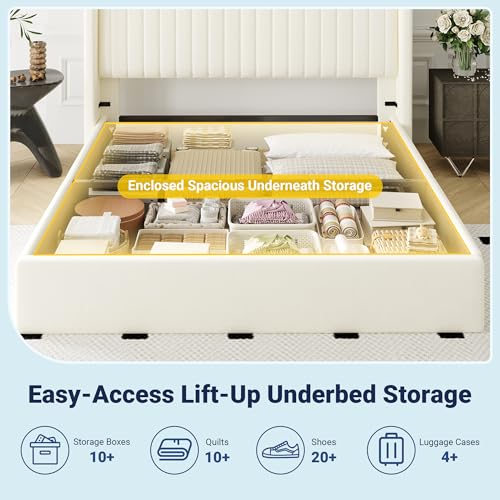 Image of Allewie Queen Size Lift Up Storage Bed Frame Channel Tufted Headboard Cream
