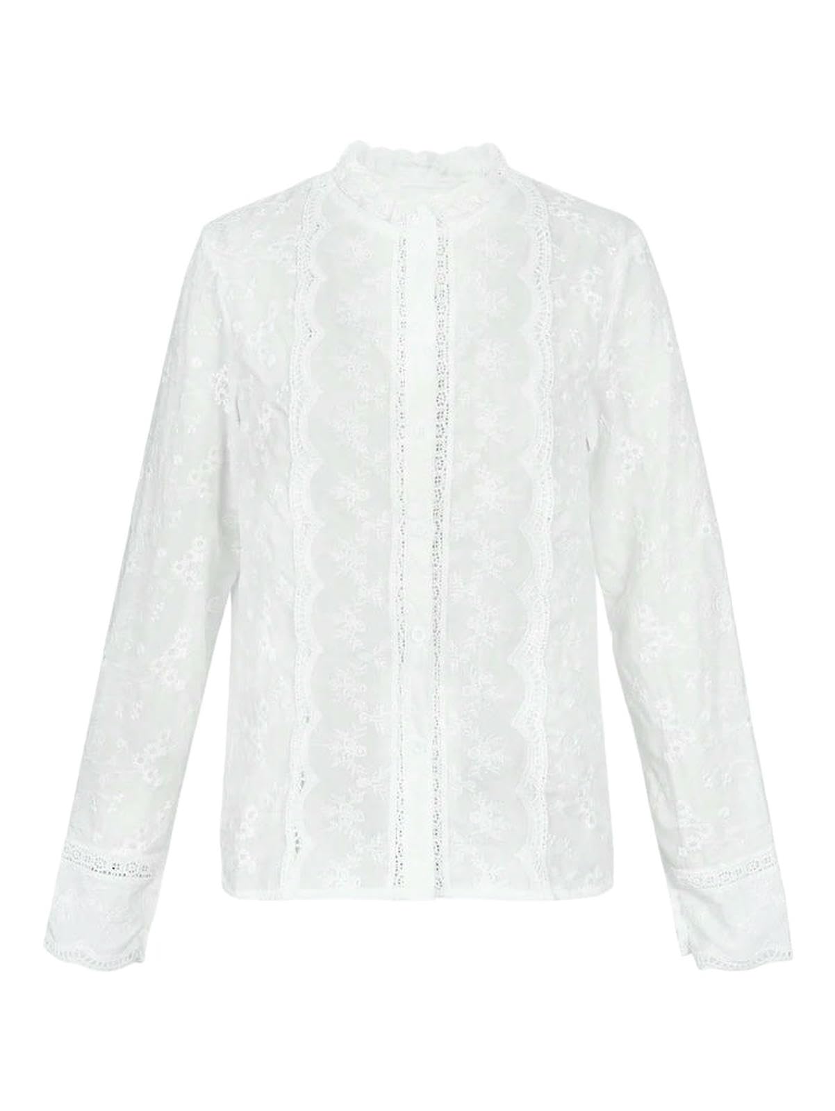 Bluse Damen Damenbluse Im Bohème-Stil Mit Stehkragen, Lochstickerei Und Langen Ärmeln