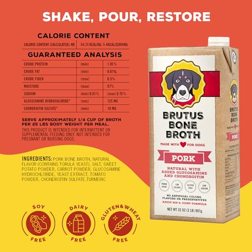 Image of Brutus Bone Broth for Dogs | All Natural | Made in USA | Glucosamine & Chondroitin for Healthy Joints | Human Grade Ingredients | Hydrating Food Topper, Gravy & Treat (Pork, 2-Pack)