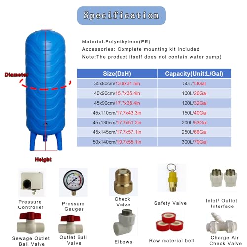Vertical PE Water Pressure Tank, Blue Well Pressure Tank with All Installation Kit, Pressurized Water Storage Containers for Washing Machine Shower Car Wash(53Gal/200L(45x130cm/17.7x51.2in)) - Image 2
