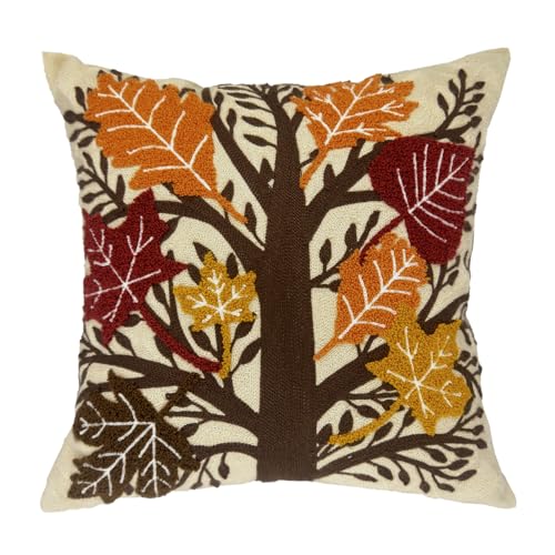 Alysheer Embroidered Fall Decorative Throw Pillow Cover 18'x 18', Boho Farmhouse Cottage Tufted Embroidery Pattern Cotton Canvas Orange Cushion Case for Sofa Couch Bed Living Room Decor(Maple Leaves)