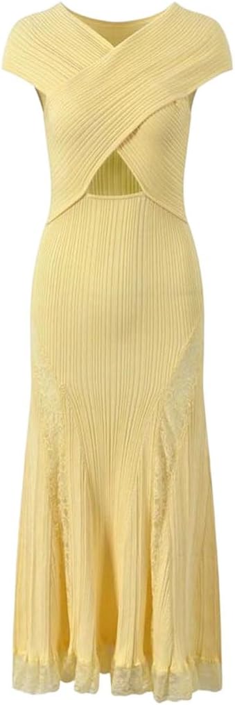 Women Lace Splice Slimming Fishtail Hollow Out Long Gown Dress