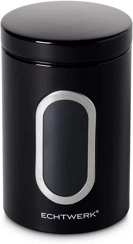 ECHTWERKStylish Storage Jars, Set of 3, Black, for Storing Flour, Sugar, Cereal, Tea, Metal Tin with Airtight Lid and Large Viewing Window, Capacity 1.4 L, Iron, 3