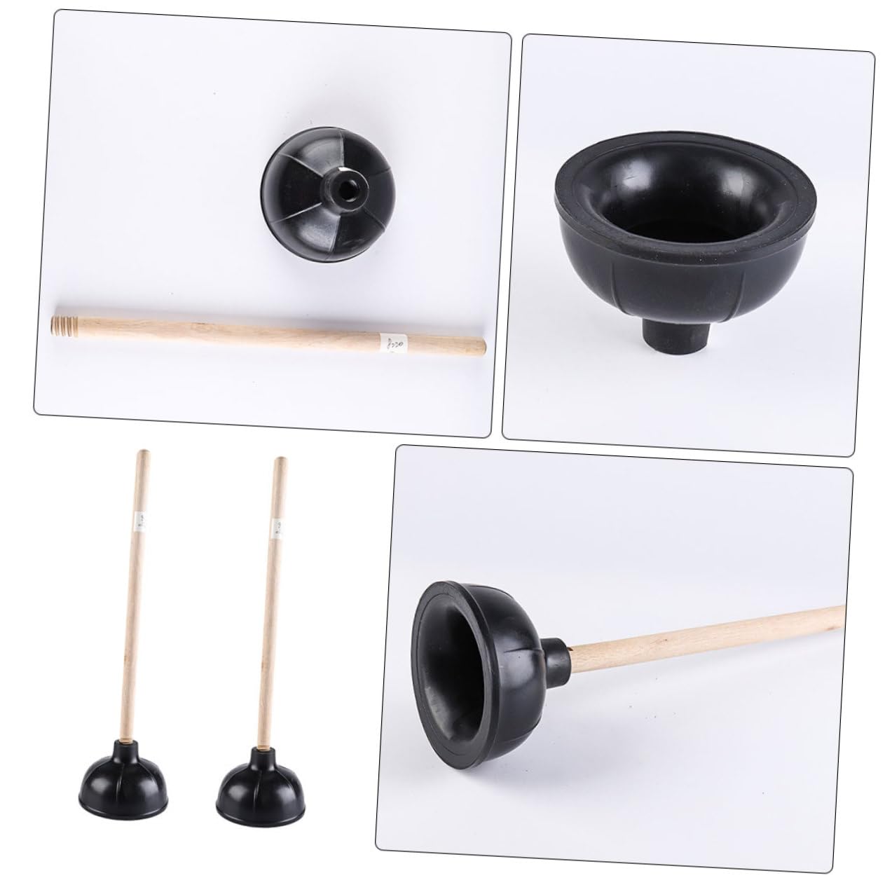 SHINEOFI 2 Desatascadores de Goma Mango de Madera, Herramienta de Limpieza para Baño y Fregadero, Negro, Ligero y Fácil de Limpiar