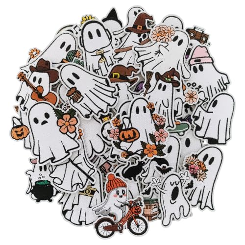 50 Pcs Ghost Iron On Patches Halloween Embroidered Appliques - Cute Pumpkin & Boo Ghost for Clothes Hats Backpacks Jackets (50 Pcs)