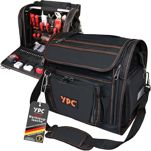 YPC Foreman Werkzeugtasche XL– Tragbare Aufbewahrungstasche mit Karabinerhaken, Wasserfest, Reißfest, Stabiler Metallgriff & Schultergurt mit Polsterung, Schwarz, 37x36x27cm – 20 kg Tragkraft