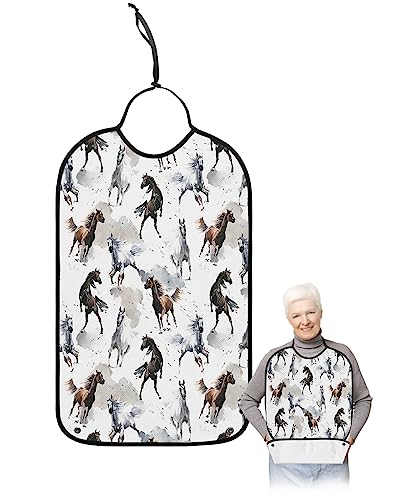 Watercolor Brown White Horse Adult Bibs for Eating, Waterproof Bibs with Food Catcher & Adjustable Snap Closure, Modern Abstract Art Washable Clothing Protectors Adult Bibs for Elderly Women/Men