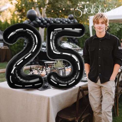 Image of Race Car 40Inch Black 25 Balloon Number Large Helium Race Track 0-9 Giant Digital 25th Foil Mylar Big Party Number Balloons for Boy Birthday Car Theme Party Anniversary Graduation Decorations