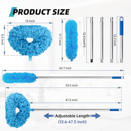 Image of DRQ Ceiling Fan Cleaner, 2 Pack Reusable Microfiber Duster with Extension Rod, 13 to 48 Inch Fan Blade Cleaner, Removable Duster for Cleaning Walls