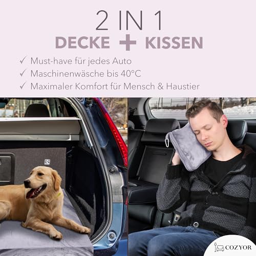 Cozyor Reisekissen & Reisedecke 2 in 1 mit Rucksack-Clip und Kofferbefestigung 170x100 cm, kuscheliges Reiseset für Flugzeug, Auto & unterwegs, Flugzeugdecke für Erwachsene & Kinder