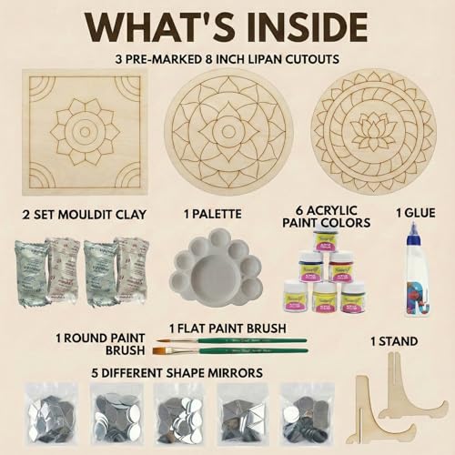 Image of ImagiVibe DIY Lippan Art Kit for Kids & Adults | 3 Pre-Marked 8 Inch MDF Boards with Stand | Indian Folk Art Painting Kit with Clay, Mirrors & Acrylic Paint | Creative Wall & Desk Decor | Art & Craft Kit for Gifting Artists, Students, Children (8inch (Acrylic Colors))