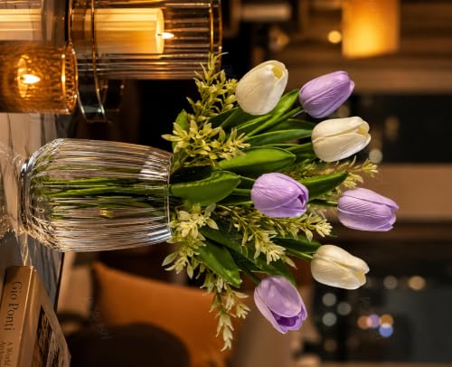 Image of Divyakosh Artificial Flowers Bunch (Vase Not Included). Artificial Flower for Vase Flower Bouquet Gift, 8 Artificial Tulips, 5 Ivory White & 3 Soft Lavender, Home Decor for Living Room
