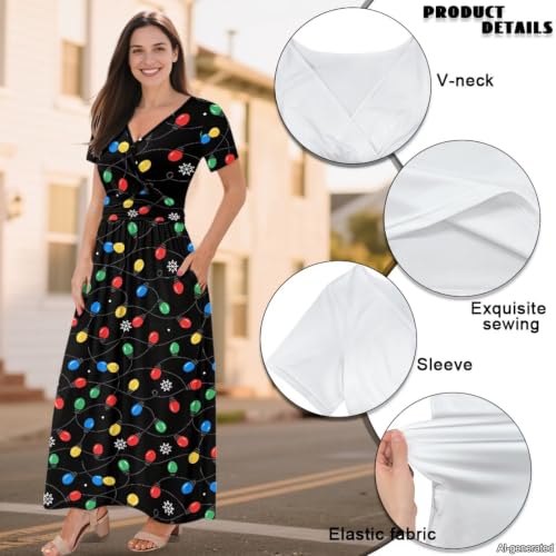 Image of Women's Fall Summer Short Sleeve Ankle Length V-Neck Party Dress with Pockets Size S-3XL