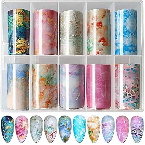 Nail Foil Transfer Sticker, 10 Sheets Marble Nail Art Stickers Nail Foil Adhesive Decals Nail Transfer Stickers Nail Art DIY Decoration Kit (4x100cm) Cover