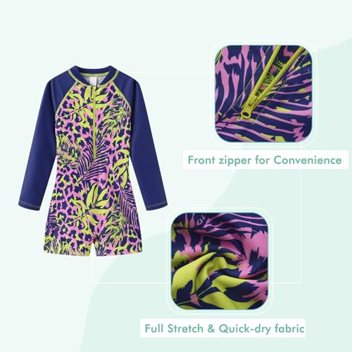 Image of Girls One Piece Swimsuits for Girls Long Sleeve Bathing Suit Sun Protection Rash Guard with Front Zipper 3-16 Years