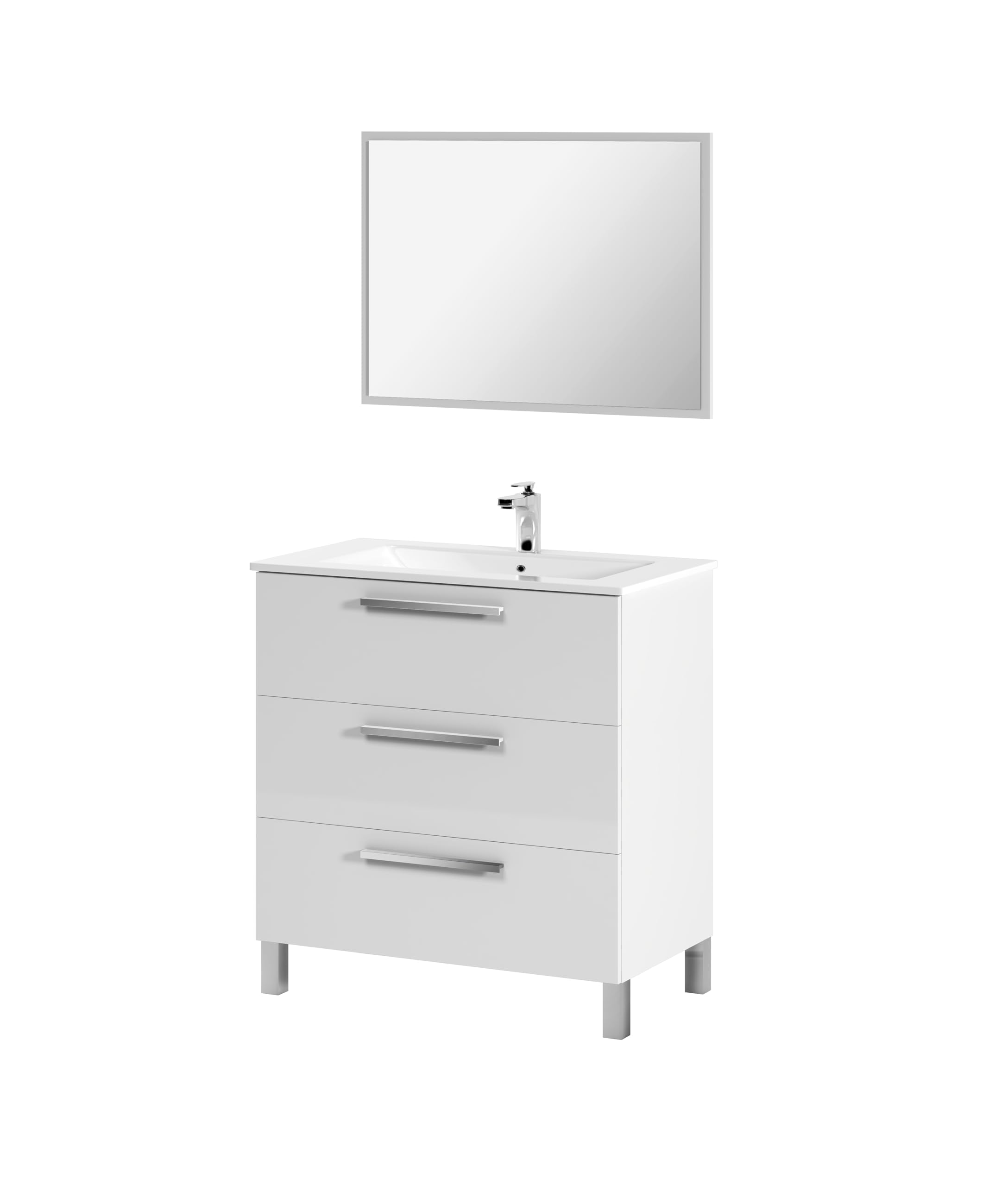 Arkitmobel Modèle Athena Meuble de salle de bain avec 3 tiroirs et miroir Blanc brillant 80 x 86 x 45 cm (l x h x p)