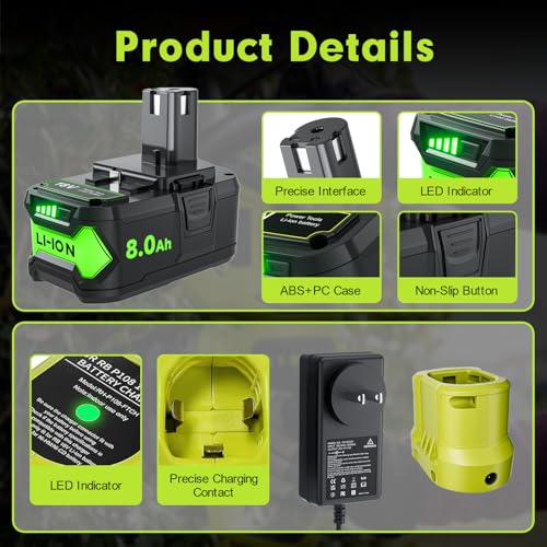 Image of 2Pack 8.0Ah P108 Repacement for Ryobi 18 Volt Battery and Charger Compatible with Ryobi 18V Battery P102 P103 P104 P105 P107 P109 Cordless Power Tool