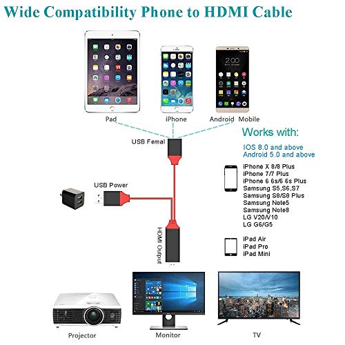 LSDMY 3.3Ft Cable for MHL to HDMI Cable 1080P HDTV Adapter, HDMI Mirroring Cable Adapter for iPhone/iPad/Samsung to Mirror on TV Projector (pc-red Cable)