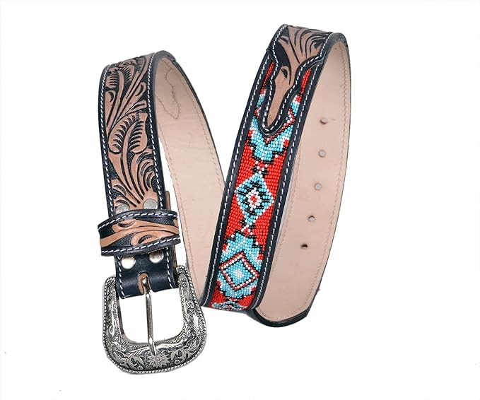 Quality Handmade Beaded Men's Leather Belt Thick Durable Wax Colorful Designs Cowboy Western Style Alloy Classic Fitted Casual Formal Wear in Pant Trouser Jeans Size: Waist 31-34in - Length 39in2