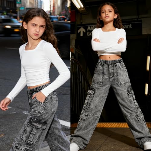 Image of Tween Girls Clothes 2 Piece Long Sleeve Top + Denim Cargo Pants, Teen Girls Fall Clothing Set, Sizes 5-12 Years