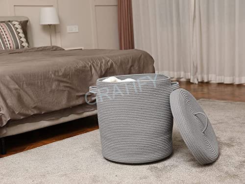 Image of Mansa Traders 12 inch x 12 inch x 14 inch Large Storage Basket with Lid, Cotton Rope Storage Baskets, Laundry Hamper, Toy Bin, Toys Blankets Pillows Storage in Living Room Baby Nursery,Grey Stiches with Cover