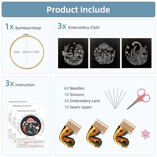 Image of KEKEMEOW 3 Sets Embroidery Kit for Beginners, Stitches with Colorful Mushrooms Embroidery Stitch Practice kit for Adults Craft Lover, Cross Stitch Kit with Pattern、Instruction、Hoop