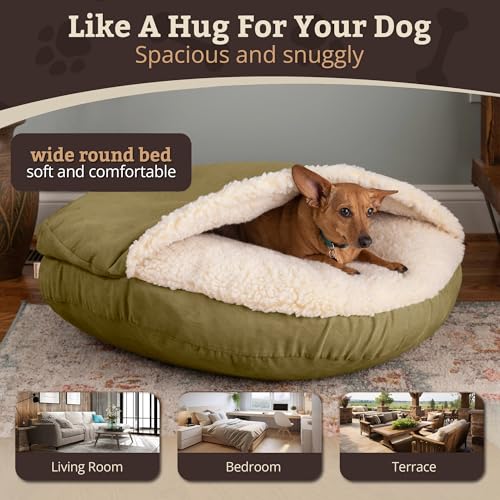 Image of Snoozer Cozy Cave Dog Bed, Round Covered Dog Bed, Olive Micro (XL)