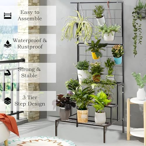 Image of Kuber Industries Large Metal 3 Tier Plant Stands for Outdoor Balcony, Flower Pot Stand for Indoor Plants, Planter Stand for Living Room, Home Decor, Indoor & Outdoor Plants | Black